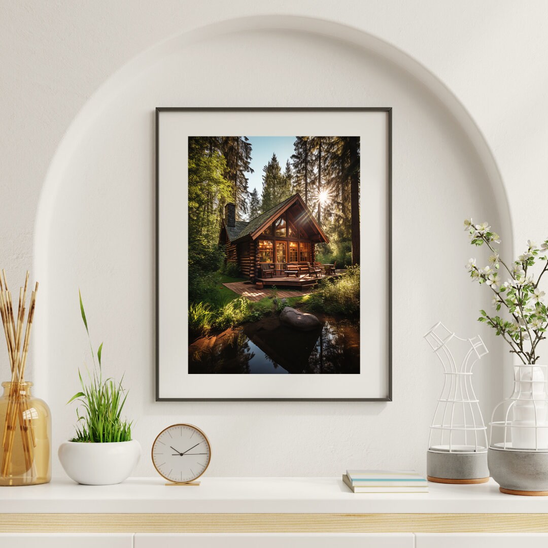 Tiny House Cabin in the Woods, Cabin Art, Sunshine Cabin, Pine Tree ...