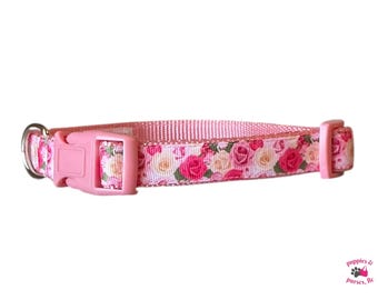 Rosé All Day | Roses - Dog Collar, Adjustable, 3/4 and 1 inch wide, XS-XL, Pink