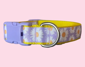 Collare per cani, regolabile, a sgancio rapido, fatto a mano - Margherita - Viola / Giallo - X-Large