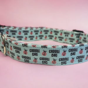 Puede incluir: Un collar para perros azul claro con un patrón repetido de mariquitas y las palabras "Cuddle Bug" en negro. El collar tiene una hebilla de plástico negro y un anillo de metal plateado.