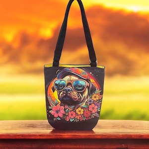 Pug, bolso de hombro, cartera, playa, pug genial
