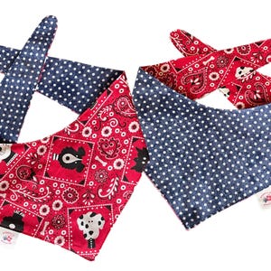 Dog Bandana, Reversible, Tie On - Red Bandana w/ Dogs, Blue w/ White Polka Dots