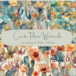 Papier numérique aquarelle fleur de cactus | Fonds d'aquarelle succulents | Arrière-plans Boho Cactus | Téléchargement numérique
