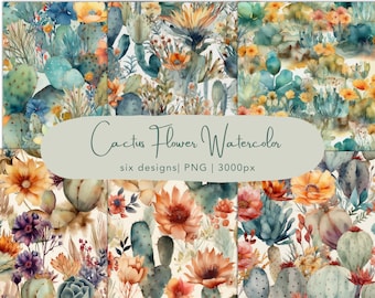 Cactus Flower Watercolor Digital Paper | Succulent Watercolor Backgrounds | Boho Cactus Backgrounds | Digital Download
