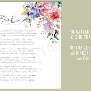 May include: A printable poem about a mother's love, with a watercolour floral design in pink, white, and green. The poem is titled "Bloom of Love, a tribute to my mother".