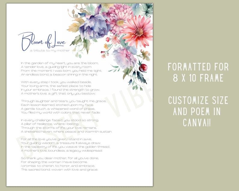 May include: A printable poem about a mother's love, with a watercolour floral design in pink, white, and green. The poem is titled "Bloom of Love, a tribute to my mother".