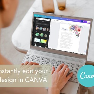 May include: A person using a laptop computer to edit a design in Canva. The design is a wedding invitation with a floral illustration and the text "Bless & Love".