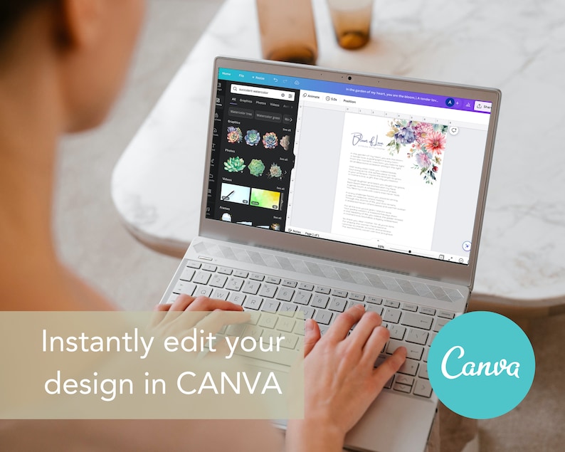 May include: A person using a laptop computer to edit a design in Canva. The design is a wedding invitation with a floral illustration and the text "Bless & Love".
