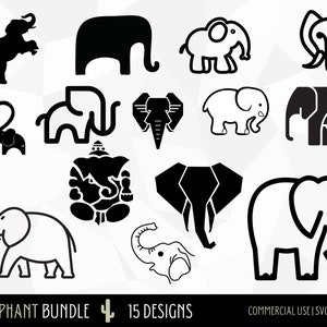 May include: A set of 15 black and white elephant silhouette illustrations. The illustrations feature different poses and styles of elephants, including a baby elephant, an elephant with its trunk raised, and an elephant with its trunk curled. The text "THE ELEPHANT BUNDLE" and "15 DESIGNS" is at the bottom of the image.