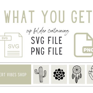 May include: A digital download of a zip folder containing SVG and PNG files of five desert-themed illustrations: a cactus, a succulent, a dreamcatcher, crystals, and the text "DESERT VIBES SHOP".
