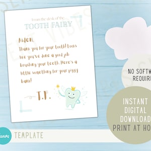Carta del Hada de los Dientes Azul / Carta personalizable del Hada de los Dientes para niño / Plantilla de carta del Hada de los Dientes / Descarga instantánea Impresión en casa