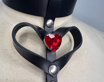 Leather Collar Necklace for Women – Black Choker Necklace with Red Heart – Adjustable Wide Leather Choker – Gothic Fetish Neck Accessory