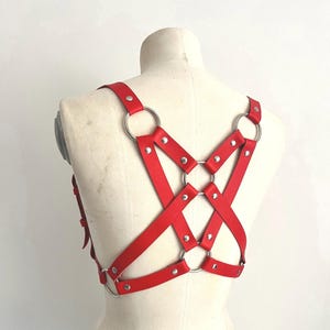 Reversible Red Leather Harness – Adjustable Soft Body Cage – Festival Strap Bra – Handmade Italian Fetish Lingerie – Plus Size Harness