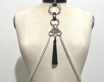 Plus Size Leather Choker: Pearl Body Chain Harness - Gothic Festival Jewelry