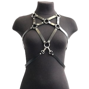 Black leather plus size harness for women – festival body cage, adjustable bondage lingerie harness, statement strap bra