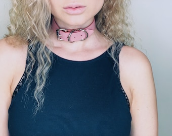 Pink Leather Choker Collar: Handmade Italian Pastel Neckwear
