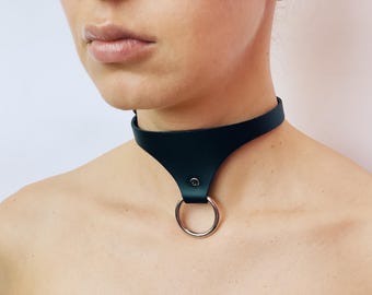 Black Leather O-Ring Choker: Handmade Gothic Collar, Adjustable
