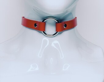 Red Leather O-Ring Choker: Handmade Minimalist Collar, Adjustable Buckle