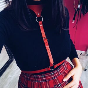 Red Leather Harness for Women – Gothic Festival Body Accessory – Adjustable Fetish Strap – Handmade Plus Size Harness – Waist to Neck