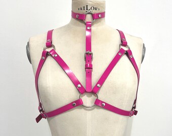 Handcrafted Pink Leather Harness Bra: Festival Rave Wear