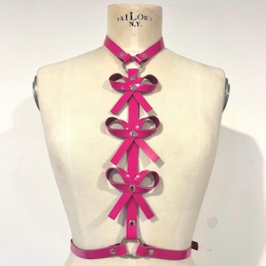Pink Leather Bow Harness – Adjustable Fetish Body Cage – Kawaii Gift for Her – Handmade Plus Size Harness – Festival Lingerie Accessory
