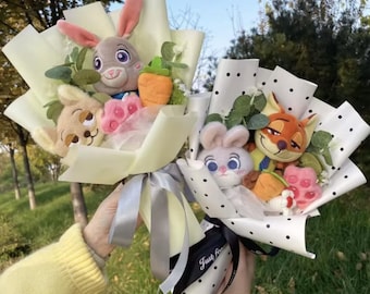 Zootopia Plüsch Strauß Geschenk | Judy Hopps & Nick Wilde Stofftier Blumenstrauß | Niedliches Disney Geschenk