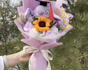 Ramo de peluche de Stitch de graduación, regalo de graduación de Stitch, ramo de flores de peluche de Stitch de Disney, bonito regalo de graduación, regalo para graduados universitarios.