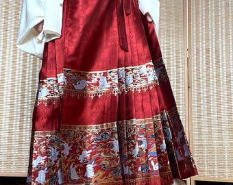 Chinese Traditional Hanfu, Ma Mian Skirt, Ming Dynasty, Horse Face Dress, Red, Navy Rabbit Bunny, Women Hanfu Party Clothing, New Year