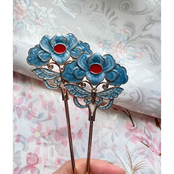 Accessoire hanfu chinois, Cuivre plaqué or, Fourche à cheveux bleuissant, Bijoux en émail doré, Épingle à cheveux cloisonnée rétro, Style asiatique, Ornement pour cheveux