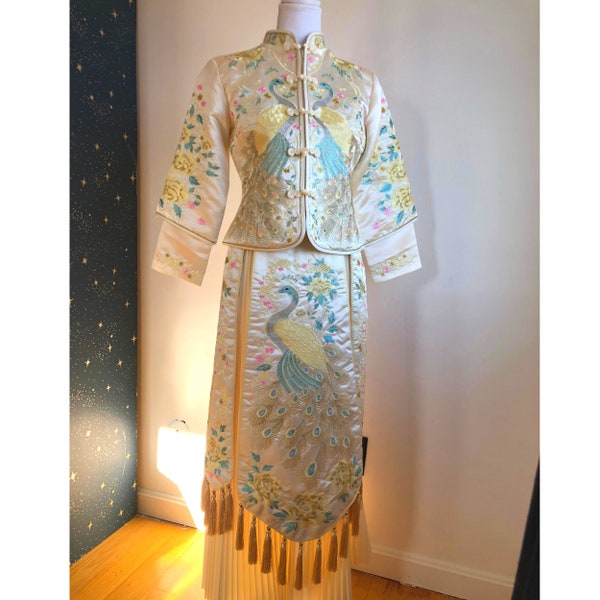 Clearance, Chinese Style, Embroidery Wedding, White Formal Dress, Cheongsam Peacock Dress, Elegant Sparkly Sequins Dress