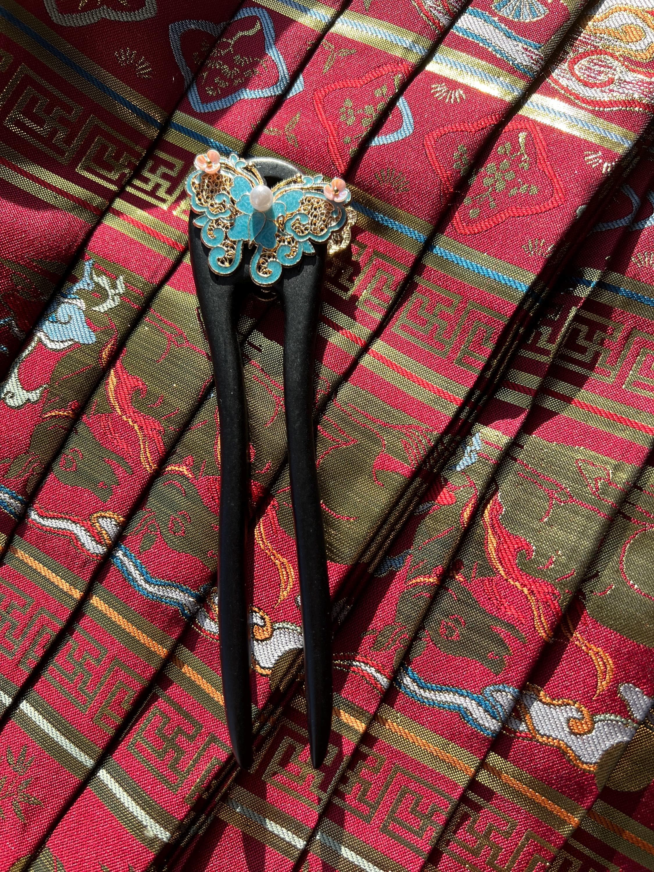 Chinese Hanfu Accessory, Wooden Hair Stick, Women Hair Fork, Gild Enamel Jewelry, Cloisonne Hair Fork, Asian Style