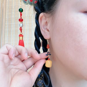 Classic Hanfu Earring, Vintage Cloisonné,Women Hanfu Accessory, Retro Style Earrings, Hanfu Jewelry, Porcelain Craftsmanship, Canary Stone