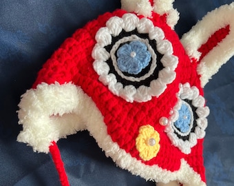 Año Nuevo Chino, Partido Hanfu, Gorro con Orejeras de Conejo, Kitting de Conejo Rojo, Gorro de Trampero de Ganchillo, Accesorio Hanfu, Rojo de la Suerte Chino