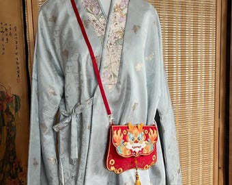 Chinese Hanfu Accessories, Embroidery Lion Crossbody Bag, Cute Red Tassels, Lunar New Year Decoration, Girls, Women Bag, Traditional Party