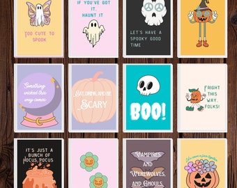 Cute Pastel Halloween Wall Art Set of 12/ Retro Halloween Poster Set/ Pastel Goth Witchy Wall Decor