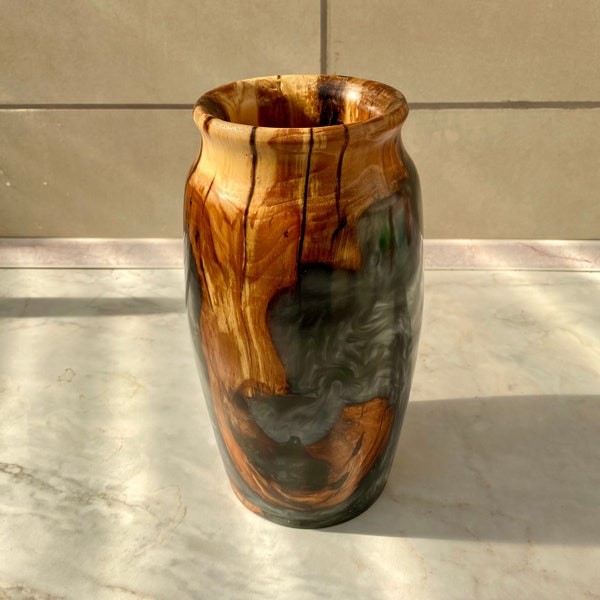 Decorative vase made from apple tree roots and epoxy resin