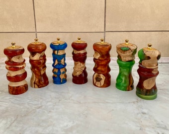 Handmade pepper mills and salt shakers (combo,  2 in 1) from wood and epoxy resin
