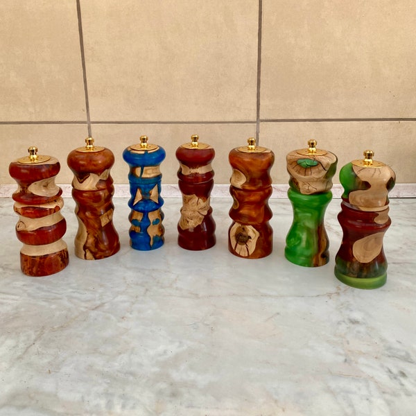 Handmade pepper mills and salt shakers (combo,  2 in 1) from wood and epoxy resin