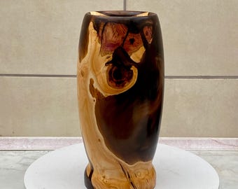 Decorative vase made of apple or peach tree roots and epoxy resin