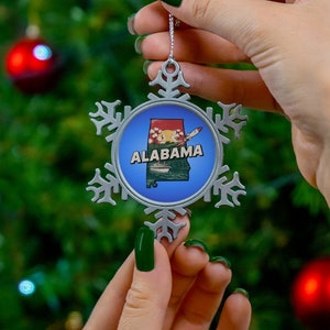 Ornement de flocon de neige en étain de l'Alabama, cadeaux carte de l'Alabama, décorations de Noël de l'Alabama, cadeaux de Noël de l'Alabama