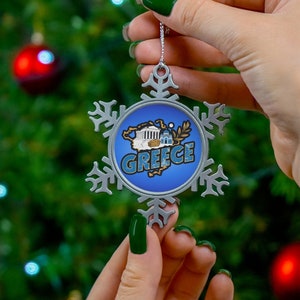 Adorno de copo de nieve de peltre de Grecia, adornos inspirados en Grecia, adornos de Navidad de Grecia, adornos de mapa de Grecia, regalos de Grecia