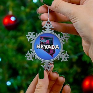 Nevada tinnen sneeuwvlokornament, Nevada geïnspireerde ornamenten, Nevada kerstornamenten, Nevada kaartornamenten, Nevada Gifts