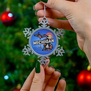 Michigan Pewter Snowflake Ornament, Michigan Inspired Ornaments, Michigan Christmas Ornaments, Michigan Map Ornaments, Michigan Gifts