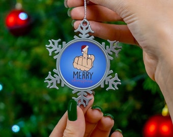 Middle Finger Pewter Snowflake Ornament, Merry Christmas Middle Finger Ornaments, Middle Finger Gifts
