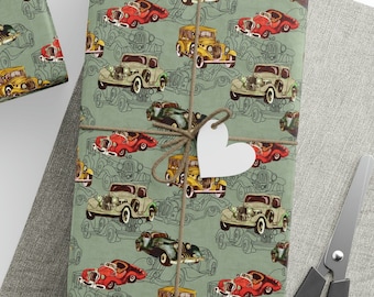 May include: Green wrapping paper with a repeating pattern of vintage cars in red, yellow, and blue. The cars are on a light green background.