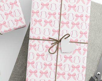 Pink Baseball Wrapping Paper Roll, Pink Coquette Gifts Wrapping Paper, Pink Bows Gift Wrapping Paper, Baseball Wrapping Paper