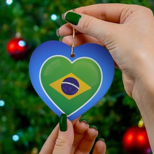 Brazil Christmas Ornaments, Brazil Flag Ceramic Ornament, Brazil Inspired Ornaments, Brazil Inspired Gifts (Heart Shape)