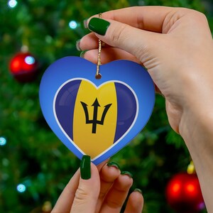 Barbados Christmas Ornaments, Barbados Flag Ceramic Ornament, Barbados Inspired Ornaments, Barbados Inspired Gifts (Heart Shape)
