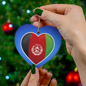 Afghanistan Christmas Ornaments, Afghanistan Flag Ceramic Ornament, Afghanistan Inspired Ornaments, Afghanistan Inspired Gifts Heart Shape)
