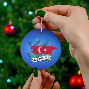 Azerbaijan Flag Ceramic Ornament, Azerbaijan Christmas Ornaments, Azerbaijan Inspired Christmas Gifts